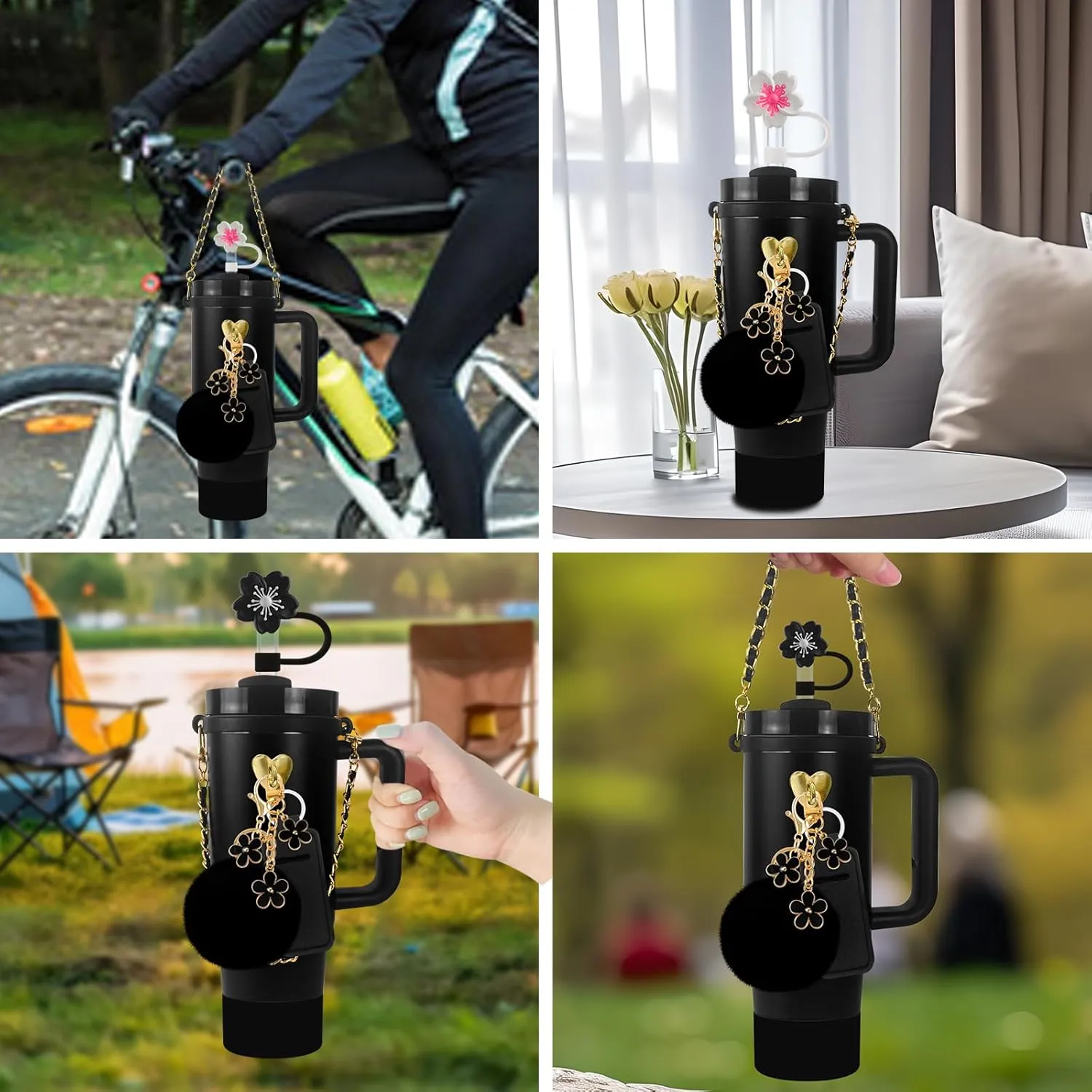 11 PCS Accessories for Stanley Cup, Water Bottle Handle Strap for Stanley 30/40 oz tumbler with handle, including Straw Toppers, Silicone Cup Boot, Keychain Charms - Black