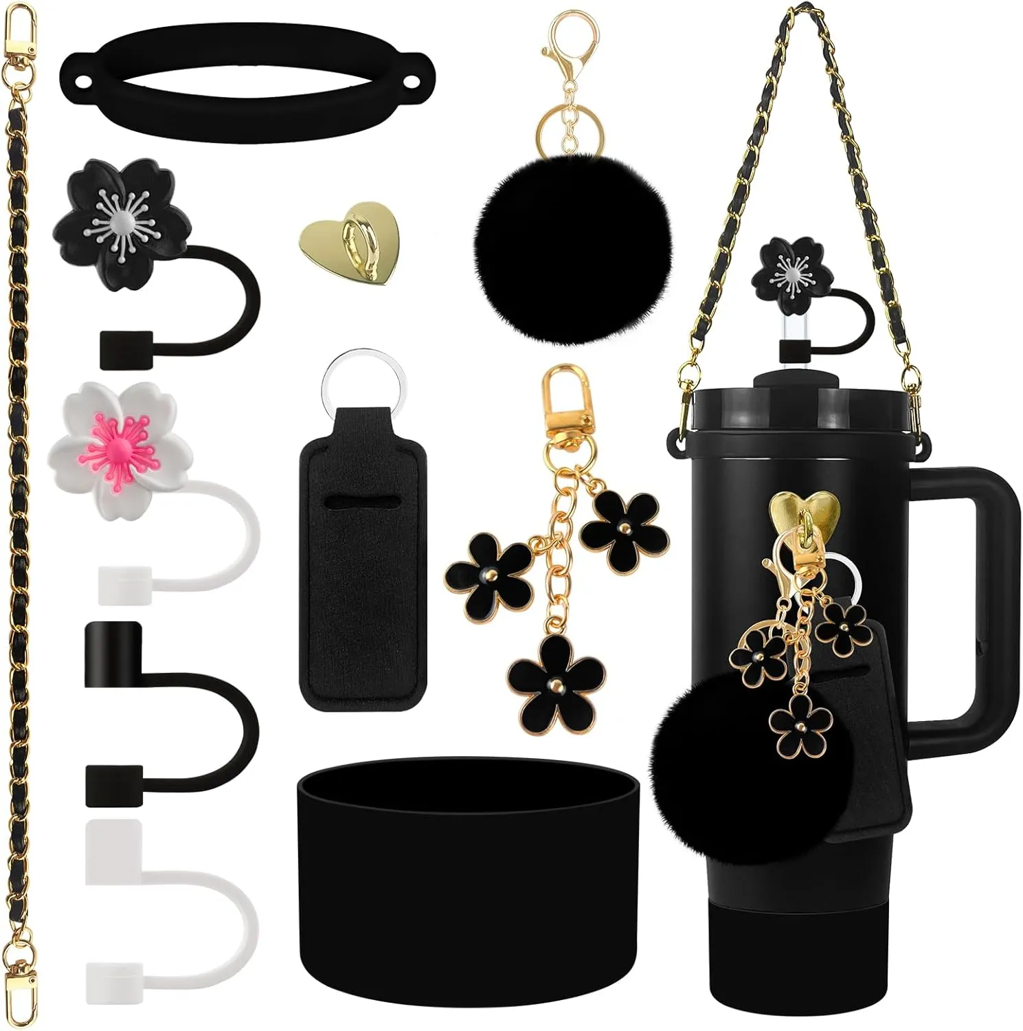 11 PCS Accessories for Stanley Cup, Water Bottle Handle Strap for Stanley 30/40 oz tumbler with handle, including Straw Toppers, Silicone Cup Boot, Keychain Charms - Black
