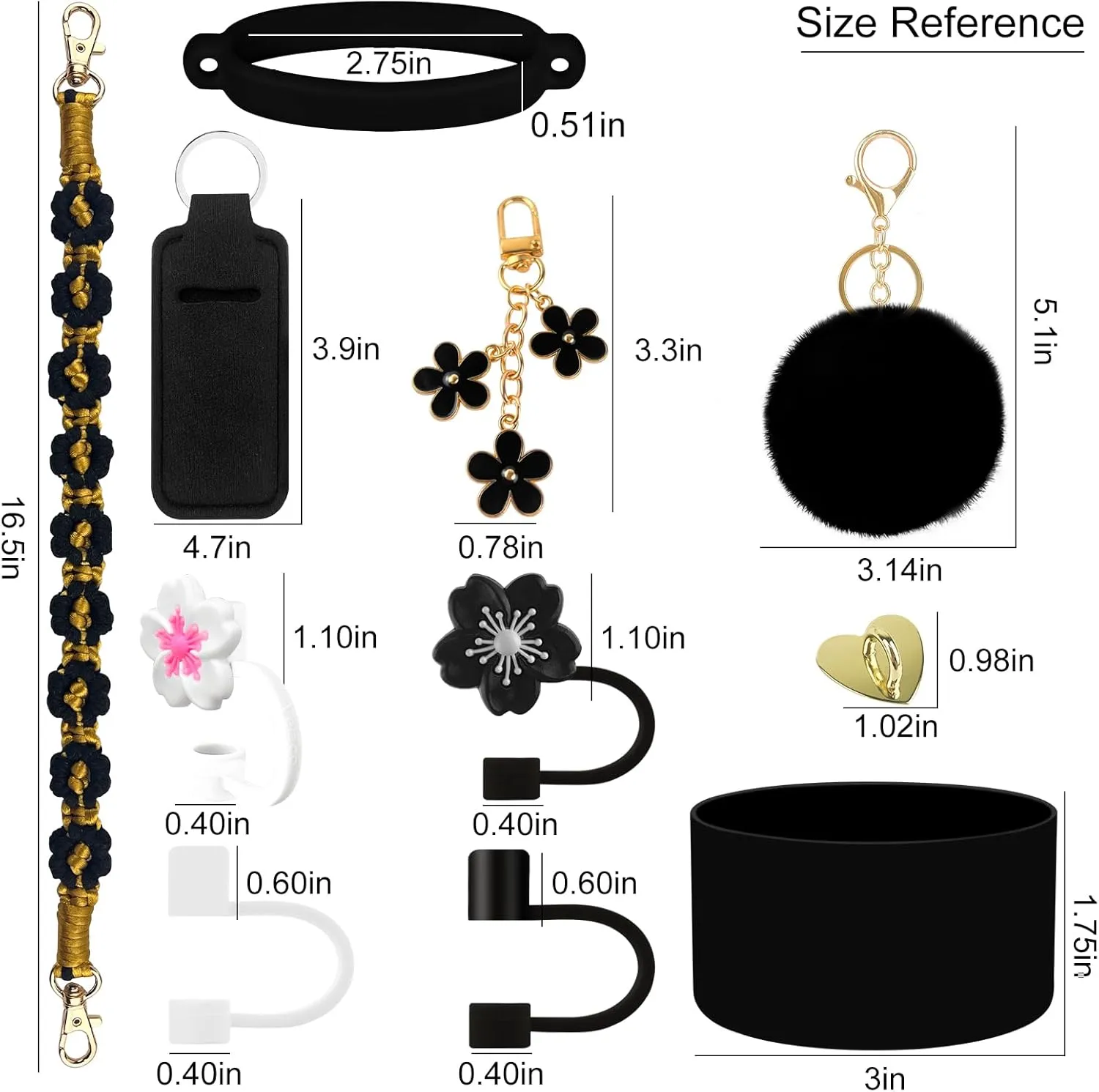 11 PCS Accessories for Stanley Cup, Water Bottle Handle Strap for Stanley 30/40 oz tumbler with handle, including Straw Toppers, Silicone Cup Boot, Keychain Charms - Black