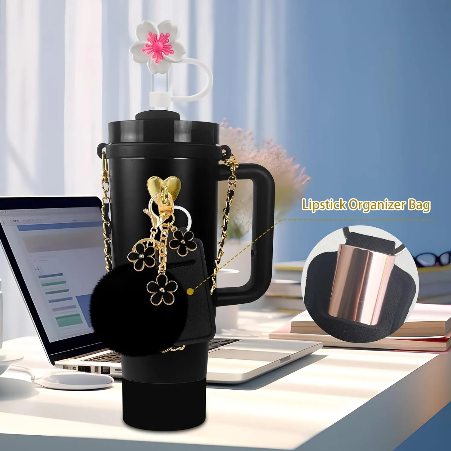 11 PCS Accessories for Stanley Cup, Water Bottle Handle Strap for Stanley 30/40 oz tumbler with handle, including Straw Toppers, Silicone Cup Boot, Keychain Charms - Black