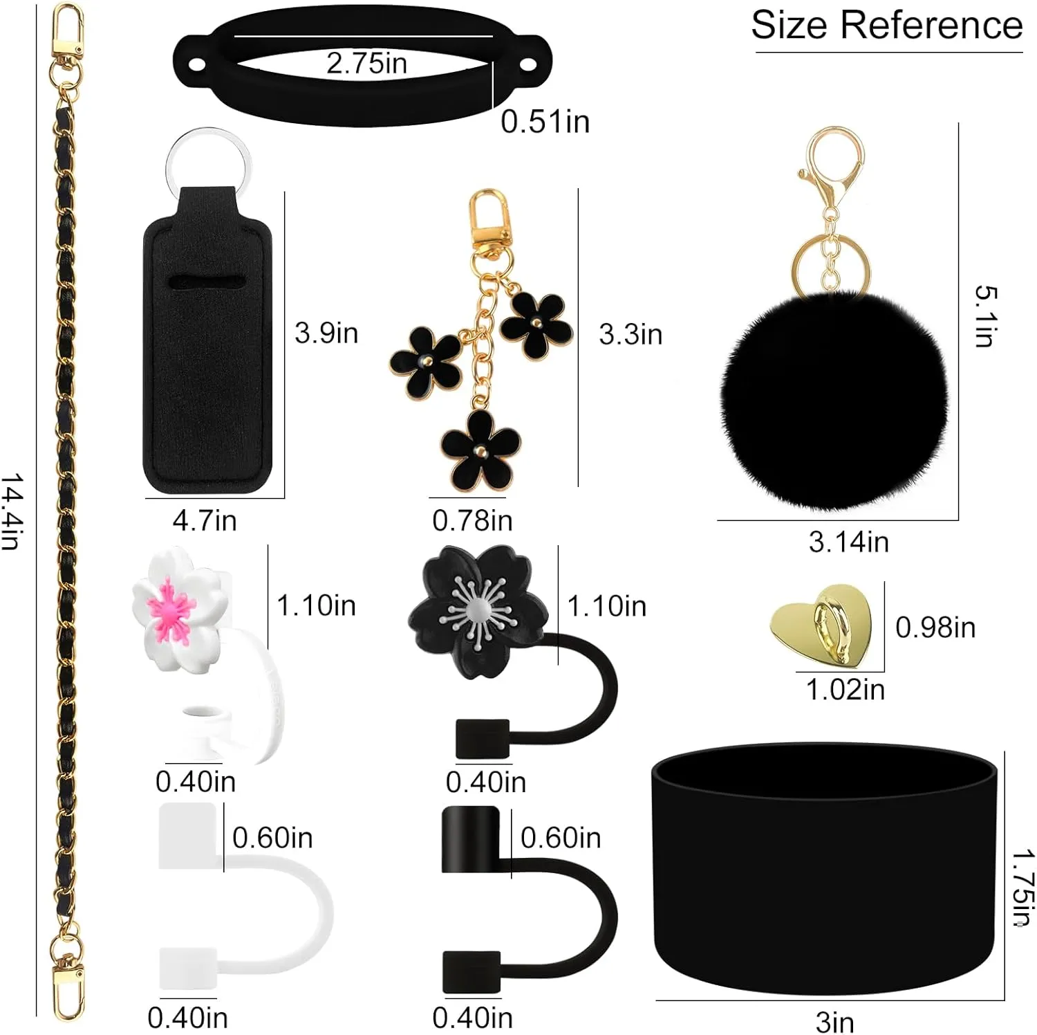 11 PCS Accessories for Stanley Cup, Water Bottle Handle Strap for Stanley 30/40 oz tumbler with handle, including Straw Toppers, Silicone Cup Boot, Keychain Charms - Black