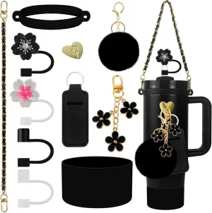 11 PCS Accessories for Stanley Cup, Water Bottle Handle Strap for Stanley 30/40 oz tumbler with handle, including Straw Toppers, Silicone Cup Boot, Keychain Charms - Black