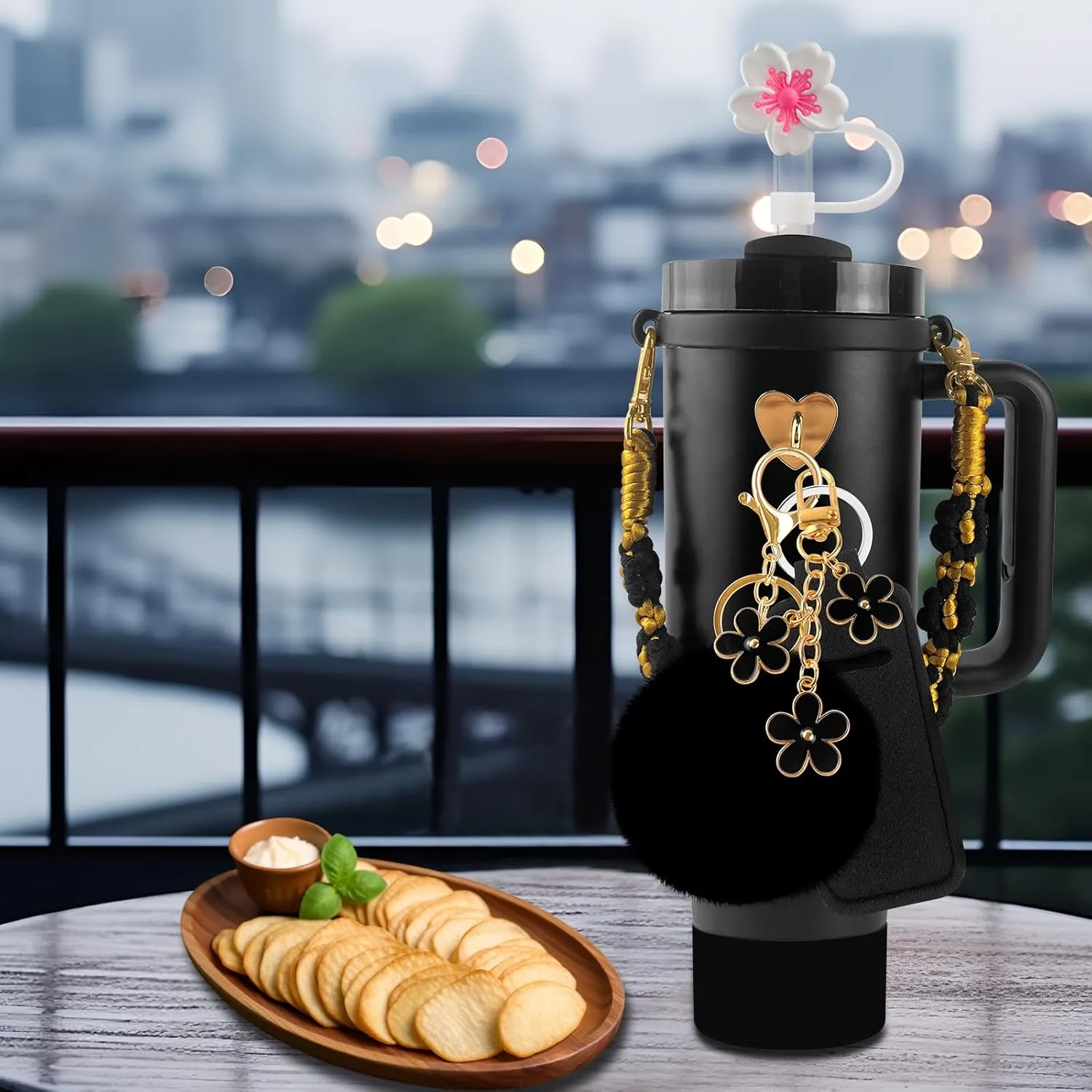 11 PCS Accessories for Stanley Cup, Water Bottle Handle Strap for Stanley 30/40 oz tumbler with handle, including Straw Toppers, Silicone Cup Boot, Keychain Charms - Black