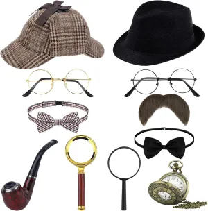 11 PCS Detective Costume Accessories for Kids Detective Hat Magnifying Glass Glasses Fake Mustache Bow Tie Pocket Watch (Type B)