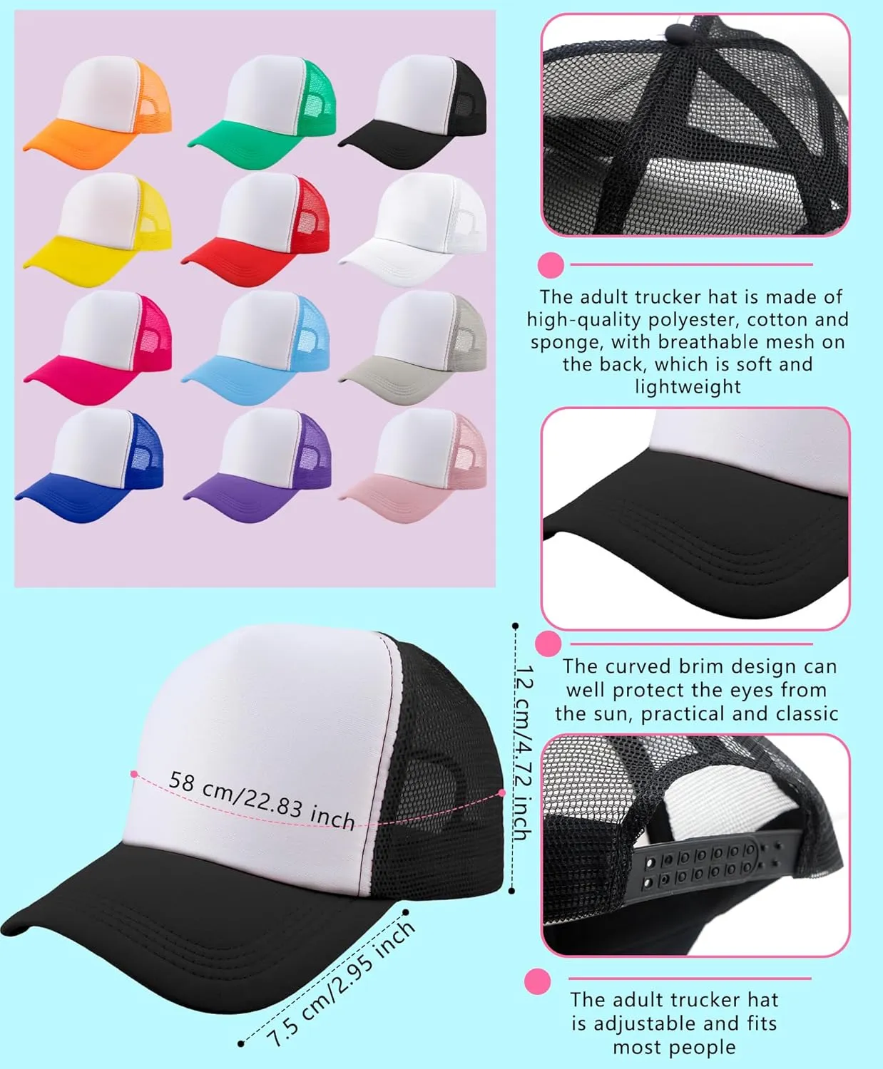12 Pack Adult Blank Trucker Hats DIY Sublimation Trucker Caps Mesh Baseball Cap Summer Hat for Men Women Summer