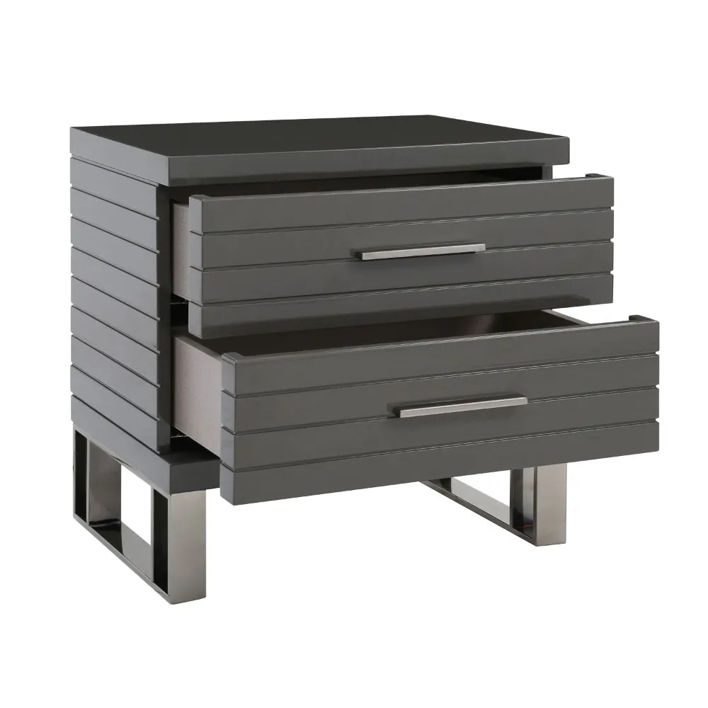 28 Inch Nightstand, 2 Drawers with Metal Handles, Slatted Design, Gray By Casagear Home