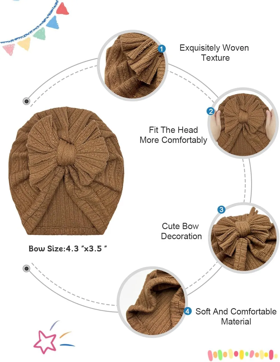 3 Pack Velvet Baby Turban Hats with Bow, Stretchy Baby Head Cover Beanies for Newborn, Toddler, Infant Head Wraps