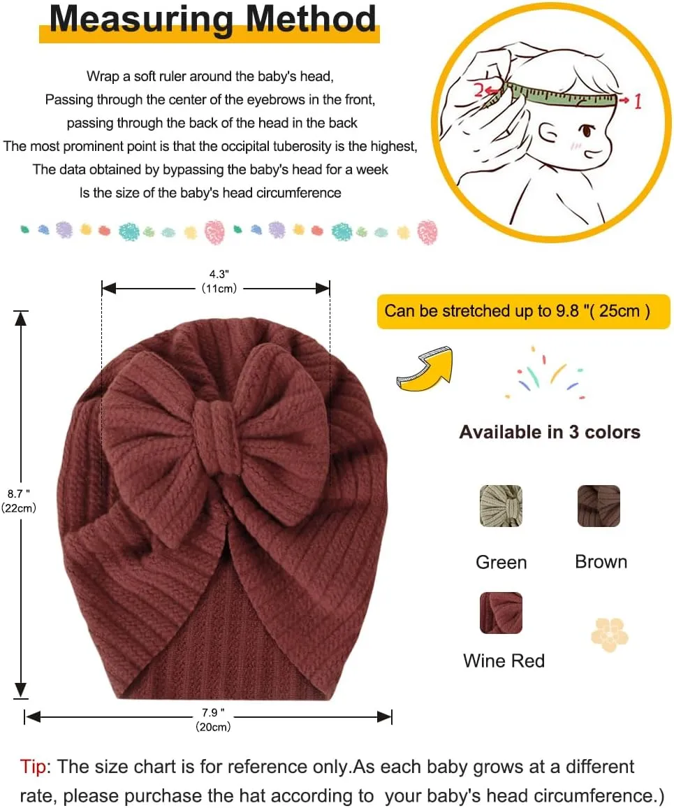 3 Pack Velvet Baby Turban Hats with Bow, Stretchy Baby Head Cover Beanies for Newborn, Toddler, Infant Head Wraps