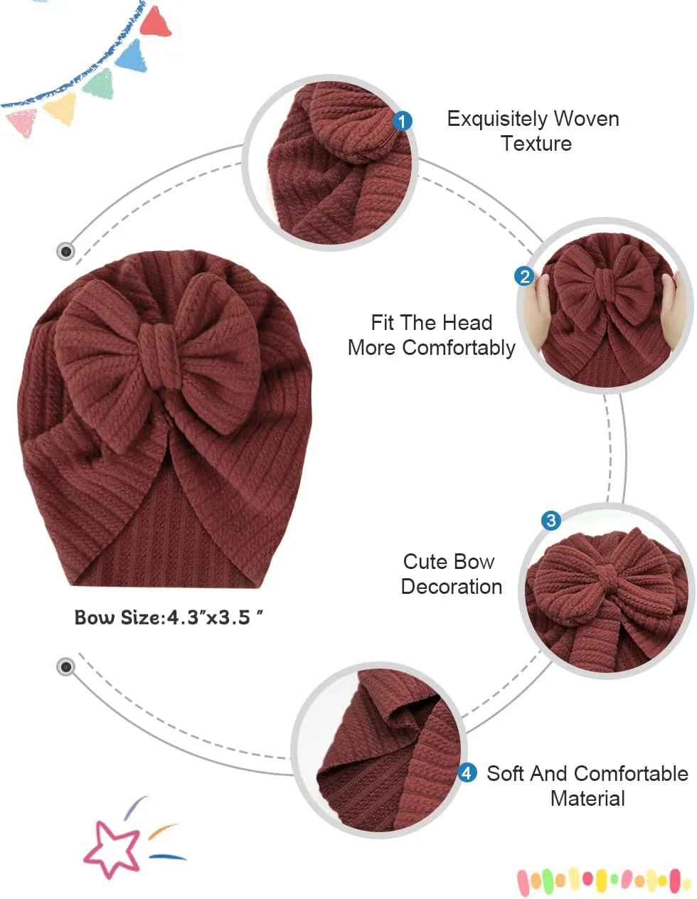 3 Pack Velvet Baby Turban Hats with Bow, Stretchy Baby Head Cover Beanies for Newborn, Toddler, Infant Head Wraps
