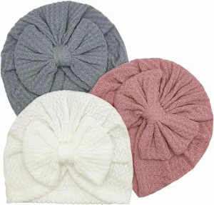 3 Pack Velvet Baby Turban Hats with Bow, Stretchy Baby Head Cover Beanies for Newborn, Toddler, Infant Head Wraps