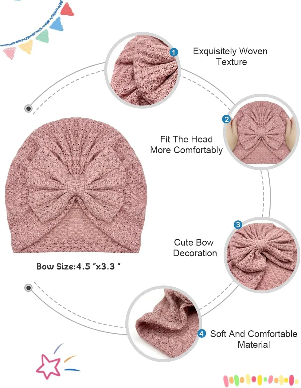 3 Pack Velvet Baby Turban Hats with Bow, Stretchy Baby Head Cover Beanies for Newborn, Toddler, Infant Head Wraps
