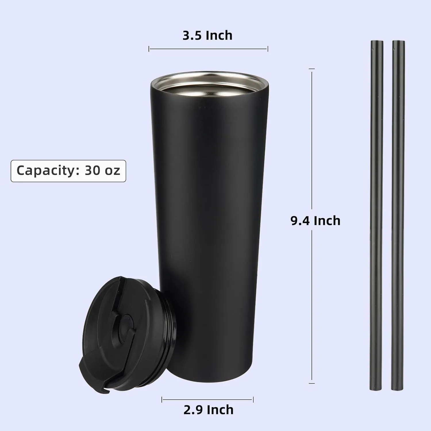 30 OZ Insulated Tumbler with Lid and 2 Straws Stainless Steel Water Bottle Vacuum Travel Mug Coffee Cup,Black