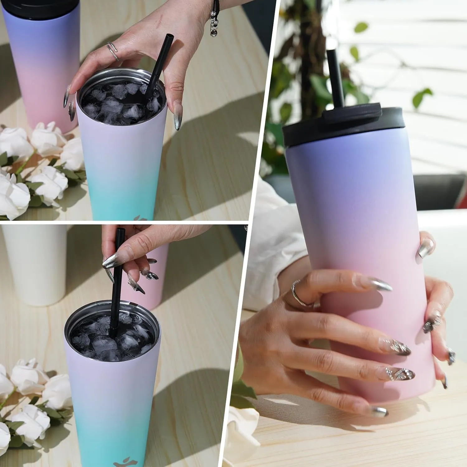 30 OZ Insulated Tumbler with Lid and 2 Straws Stainless Steel Water Bottle Vacuum Travel Mug Coffee Cup,Pastel Sunset