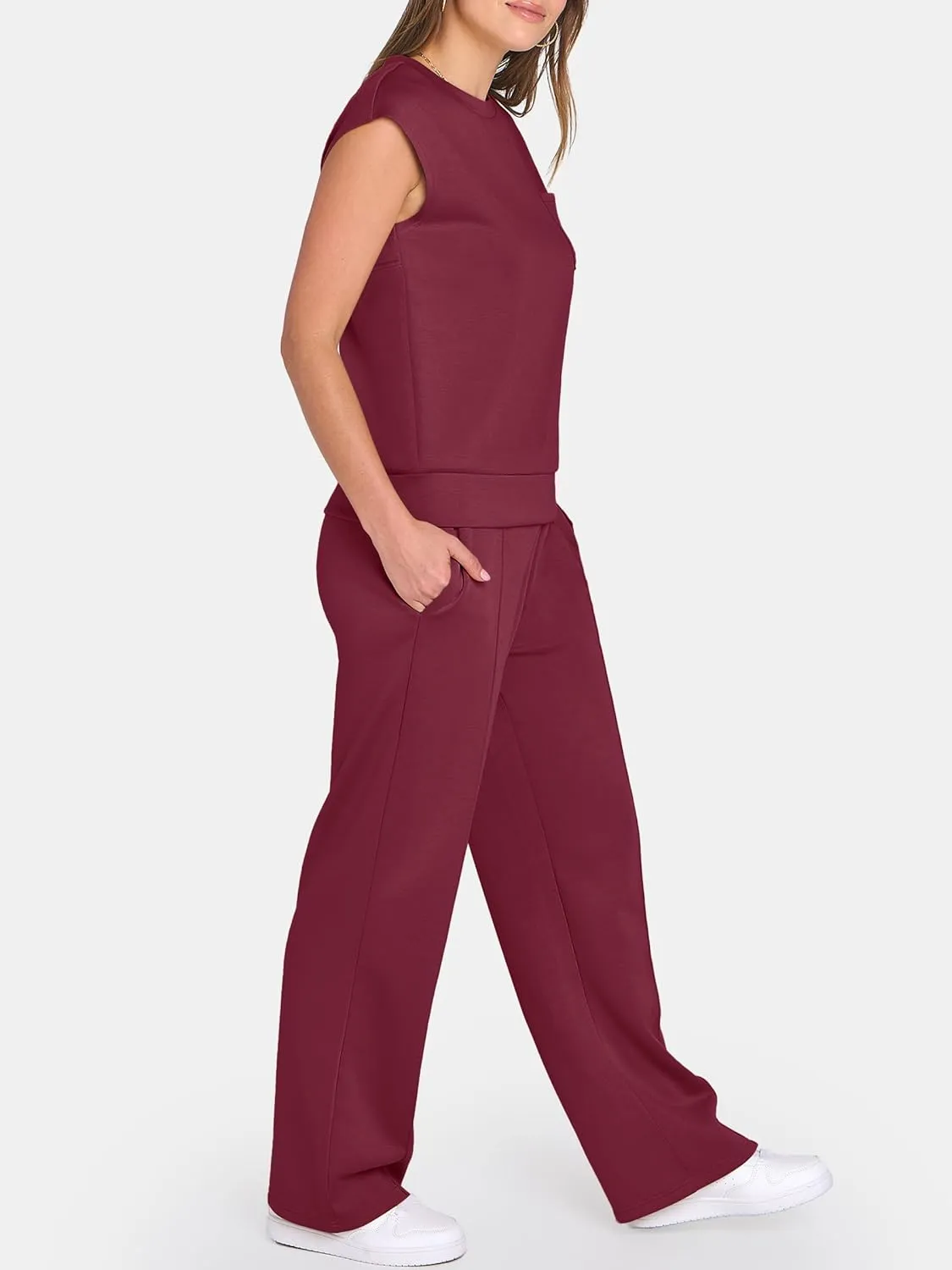 ANRABESS Two Piece Sets for Women Summer Sleeveless Sweatsuits Wide Leg Casual Lounge Set Matching Vacation Travel Outfits