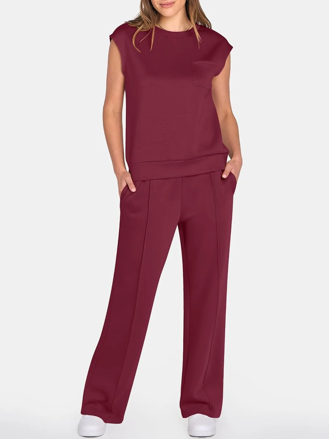 ANRABESS Two Piece Sets for Women Summer Sleeveless Sweatsuits Wide Leg Casual Lounge Set Matching Vacation Travel Outfits