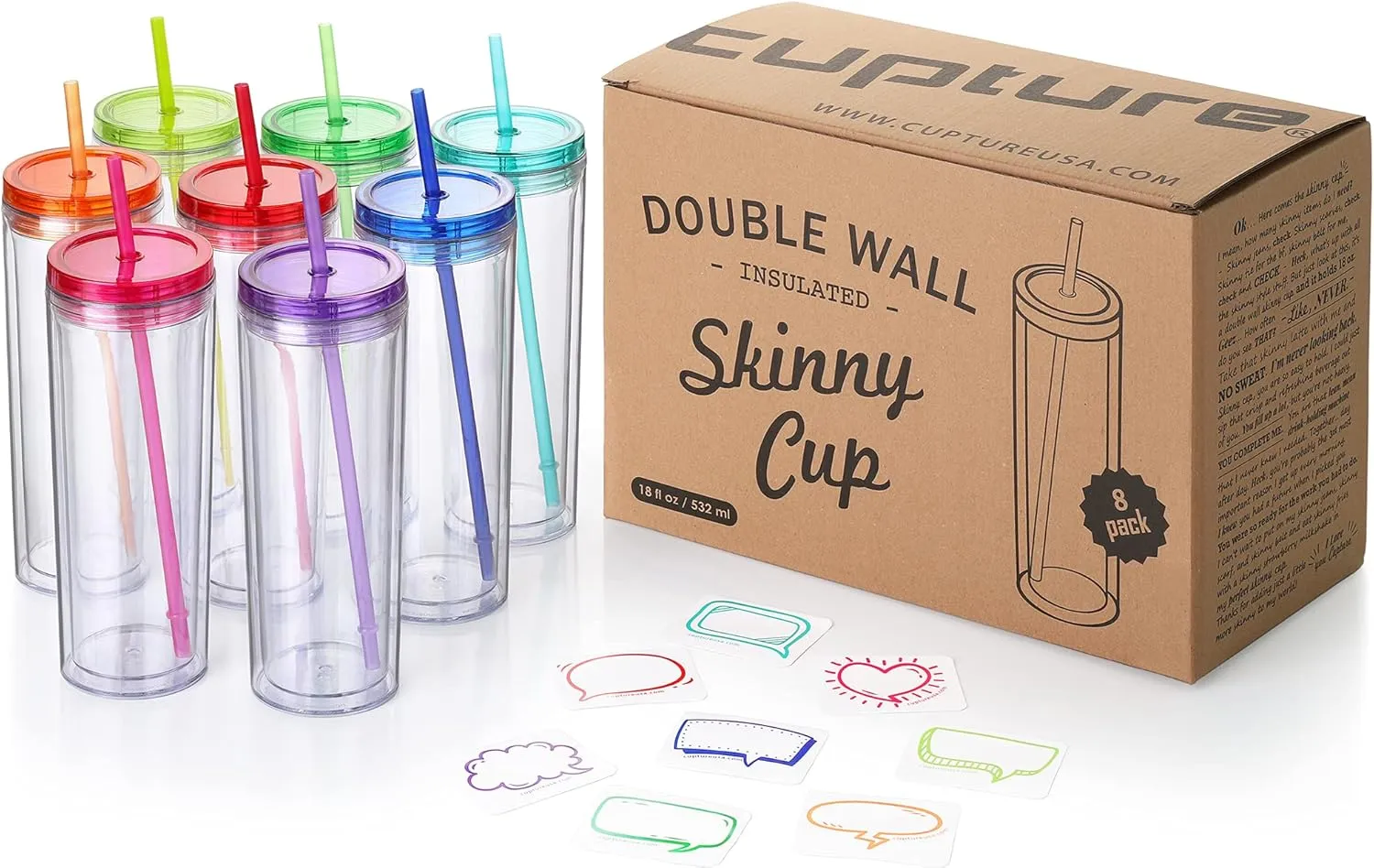 Cupture Skinny Acrylic Tumbler Cups with Straws - 18 oz, 8 Pack (Assorted Colors)