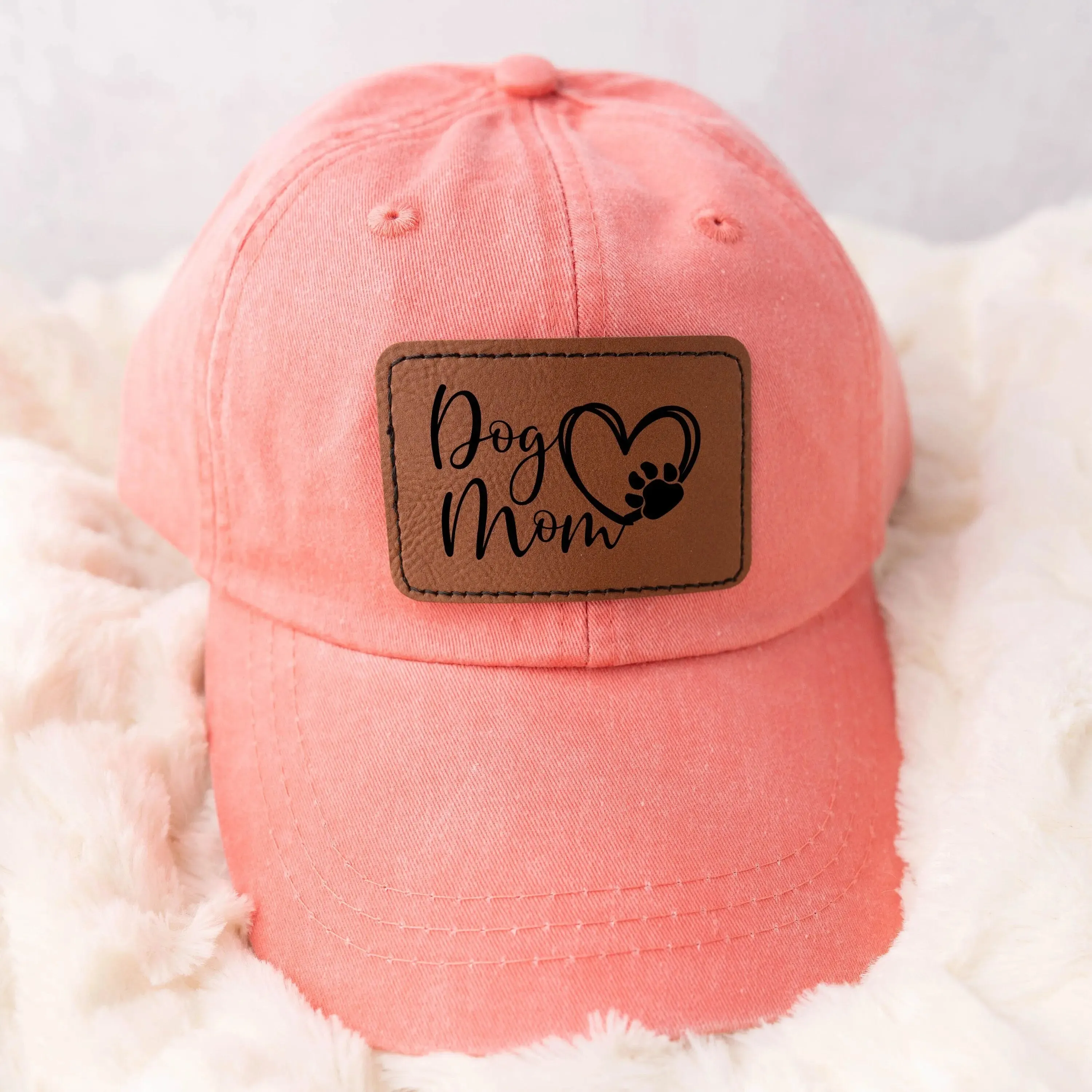 Dog Mom leather patch hat - coral, aqua trucker baseball cap