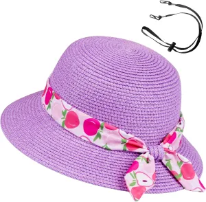 Girls Sun Straw Hat Kids Summer Beach Packable Hats Cute Floppy Cap Adjustable Size with Chin Strap for 5-10 Years