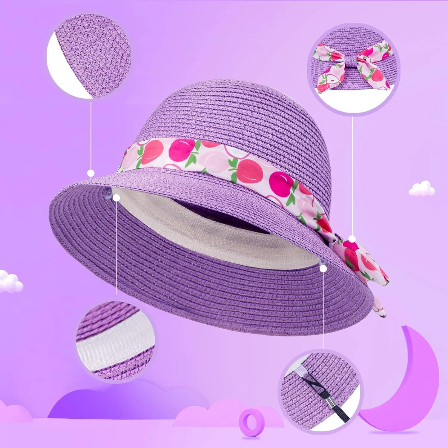 Girls Sun Straw Hat Kids Summer Beach Packable Hats Cute Floppy Cap Adjustable Size with Chin Strap for 5-10 Years