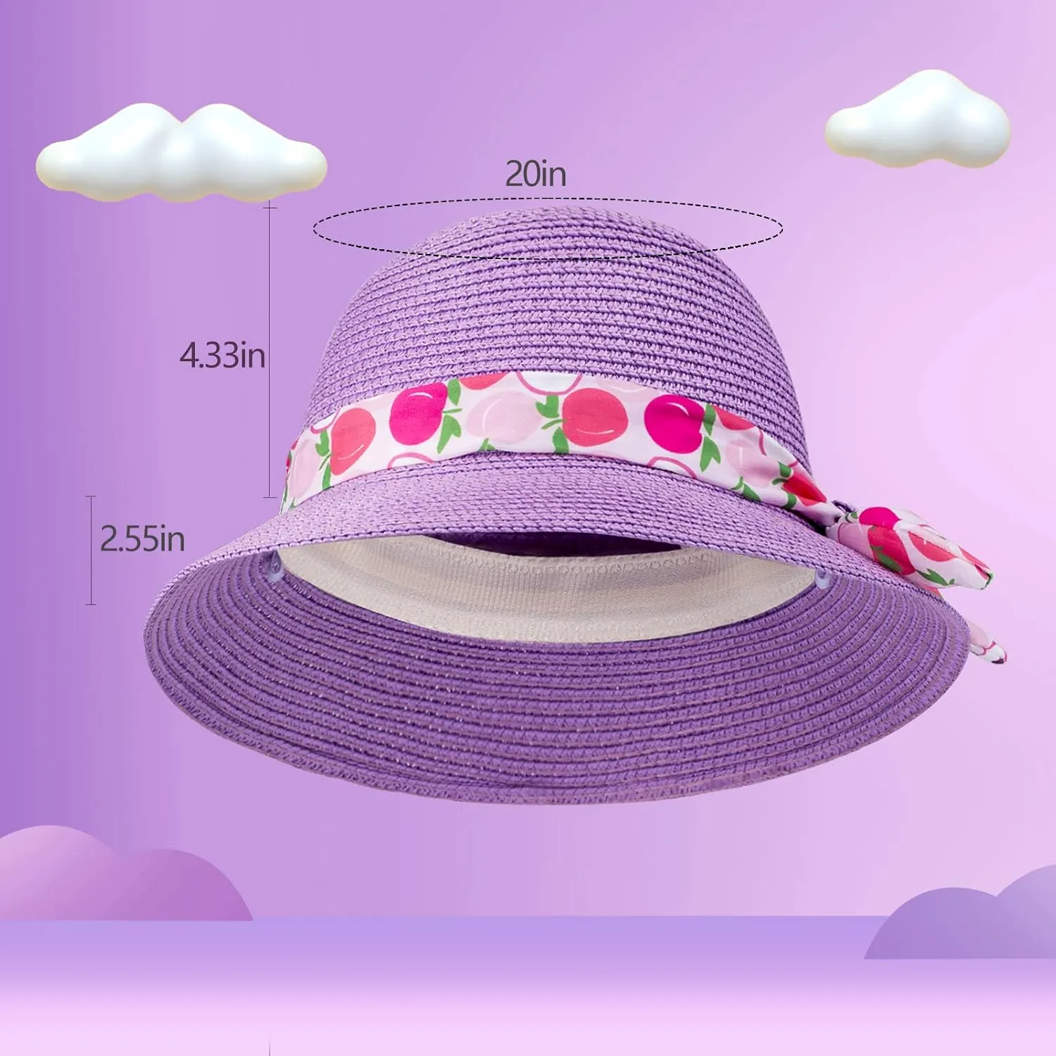 Girls Sun Straw Hat Kids Summer Beach Packable Hats Cute Floppy Cap Adjustable Size with Chin Strap for 5-10 Years