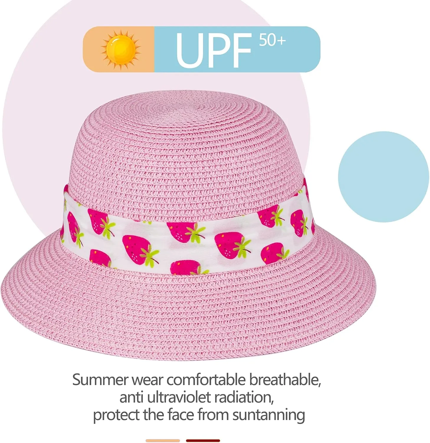 Girls Sun Straw Hat Kids Summer Beach Packable Hats Cute Floppy Cap Adjustable Size with Chin Strap for 5-10 Years