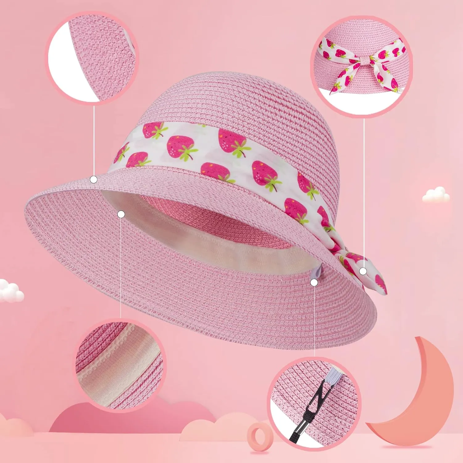 Girls Sun Straw Hat Kids Summer Beach Packable Hats Cute Floppy Cap Adjustable Size with Chin Strap for 5-10 Years