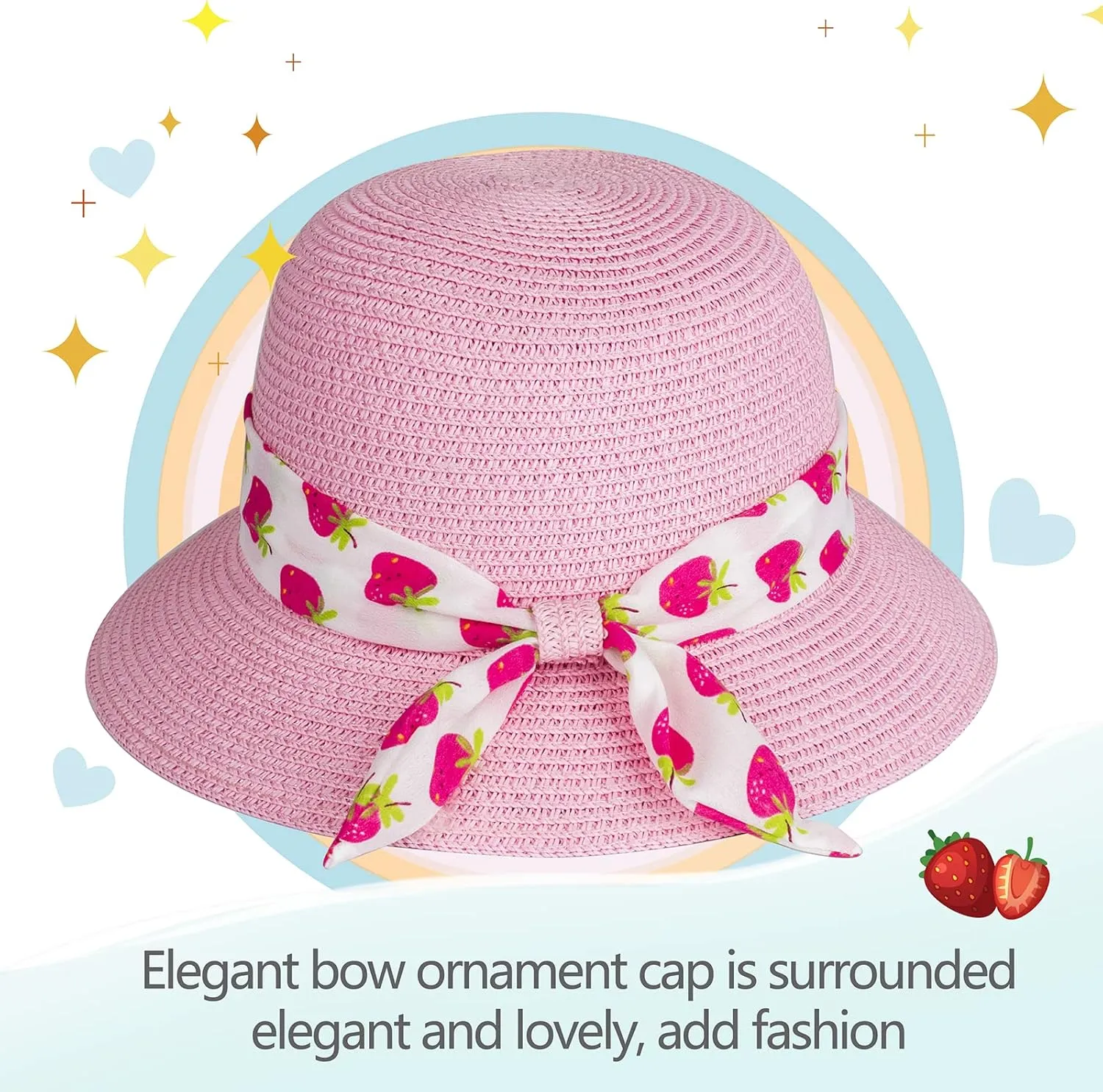 Girls Sun Straw Hat Kids Summer Beach Packable Hats Cute Floppy Cap Adjustable Size with Chin Strap for 5-10 Years