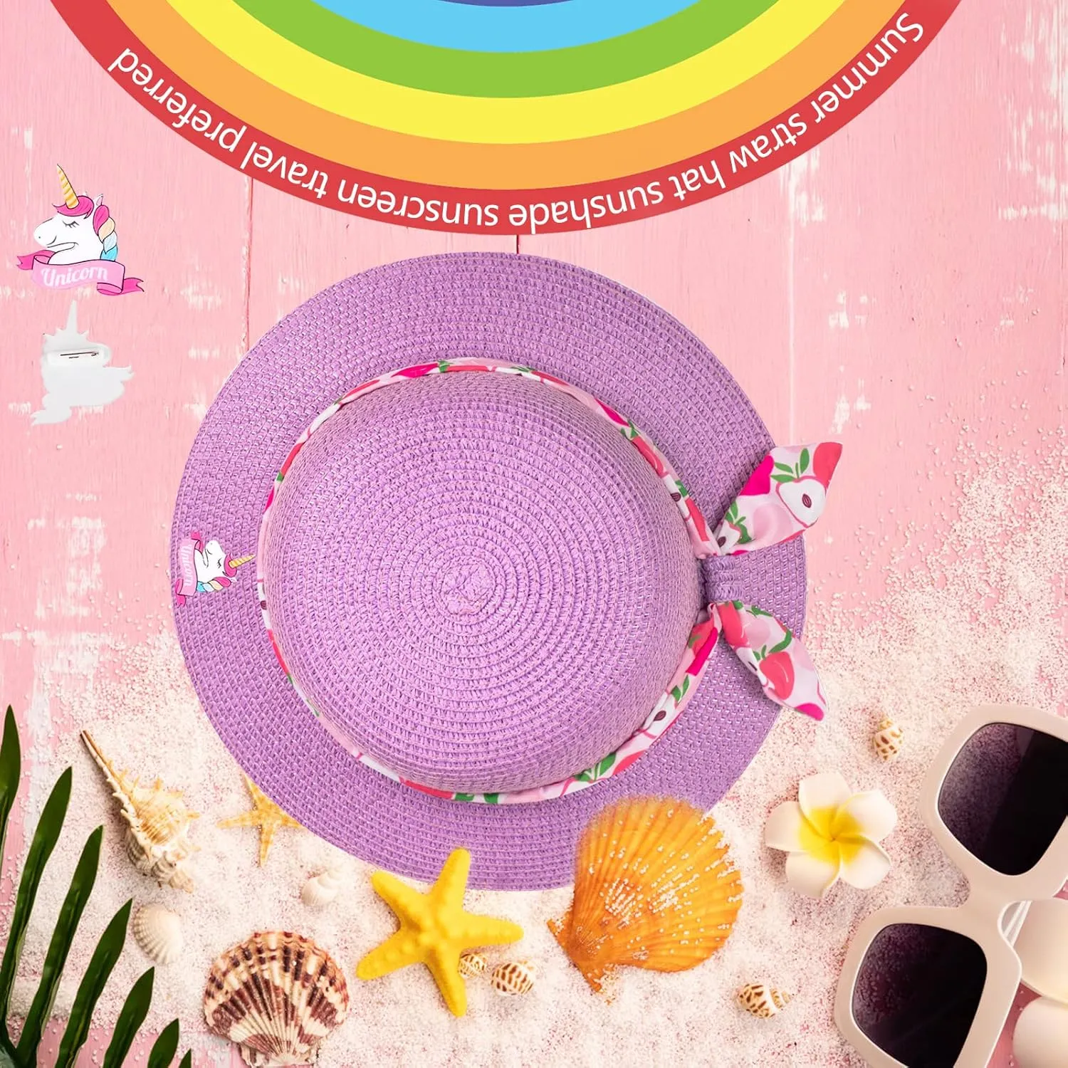 Girls Sun Straw Hat Kids Summer Beach Packable Hats Cute Floppy Cap Adjustable Size with Chin Strap for 5-10 Years