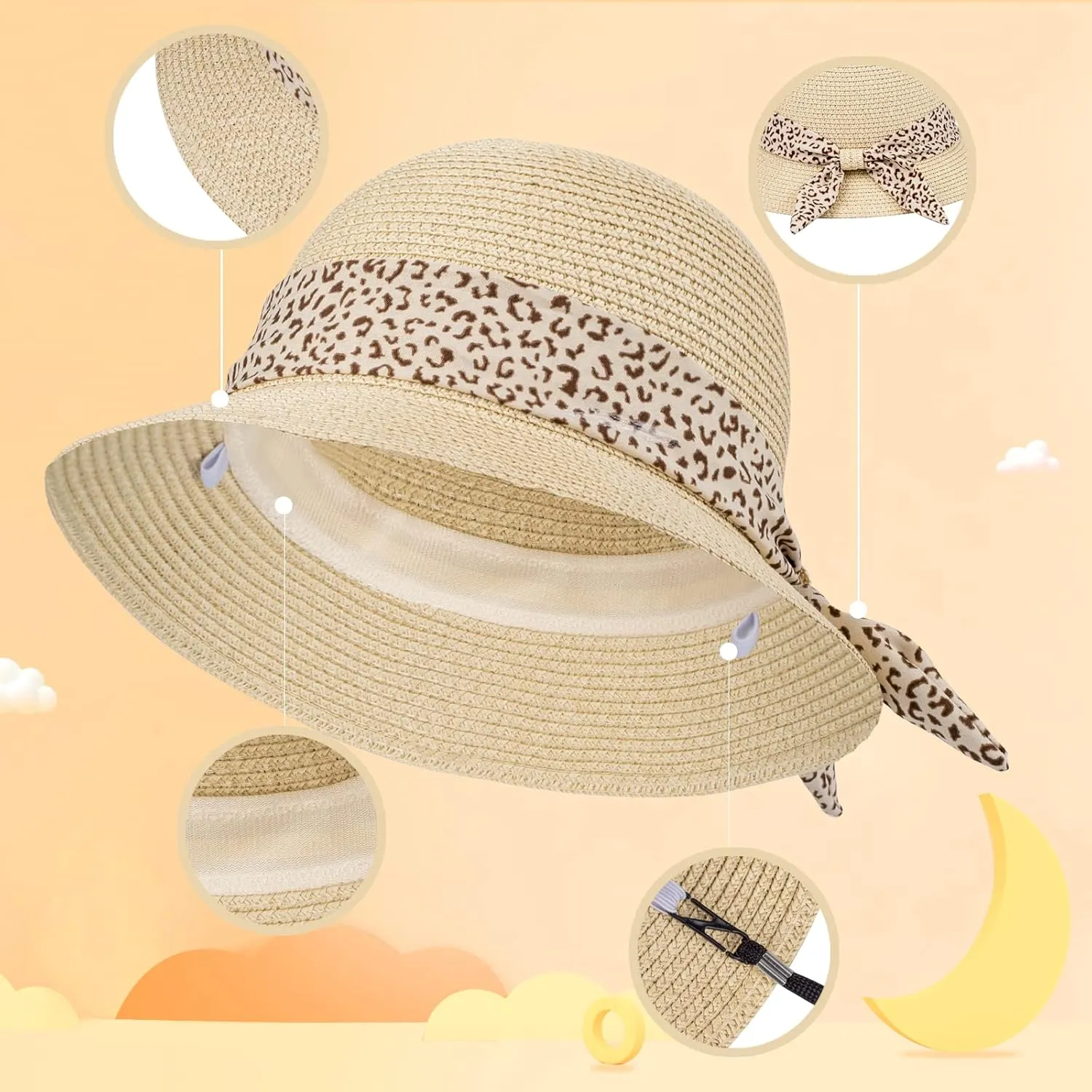 Girls Sun Straw Hat Kids Summer Beach Packable Hats Cute Floppy Cap Adjustable Size with Chin Strap for 5-10 Years
