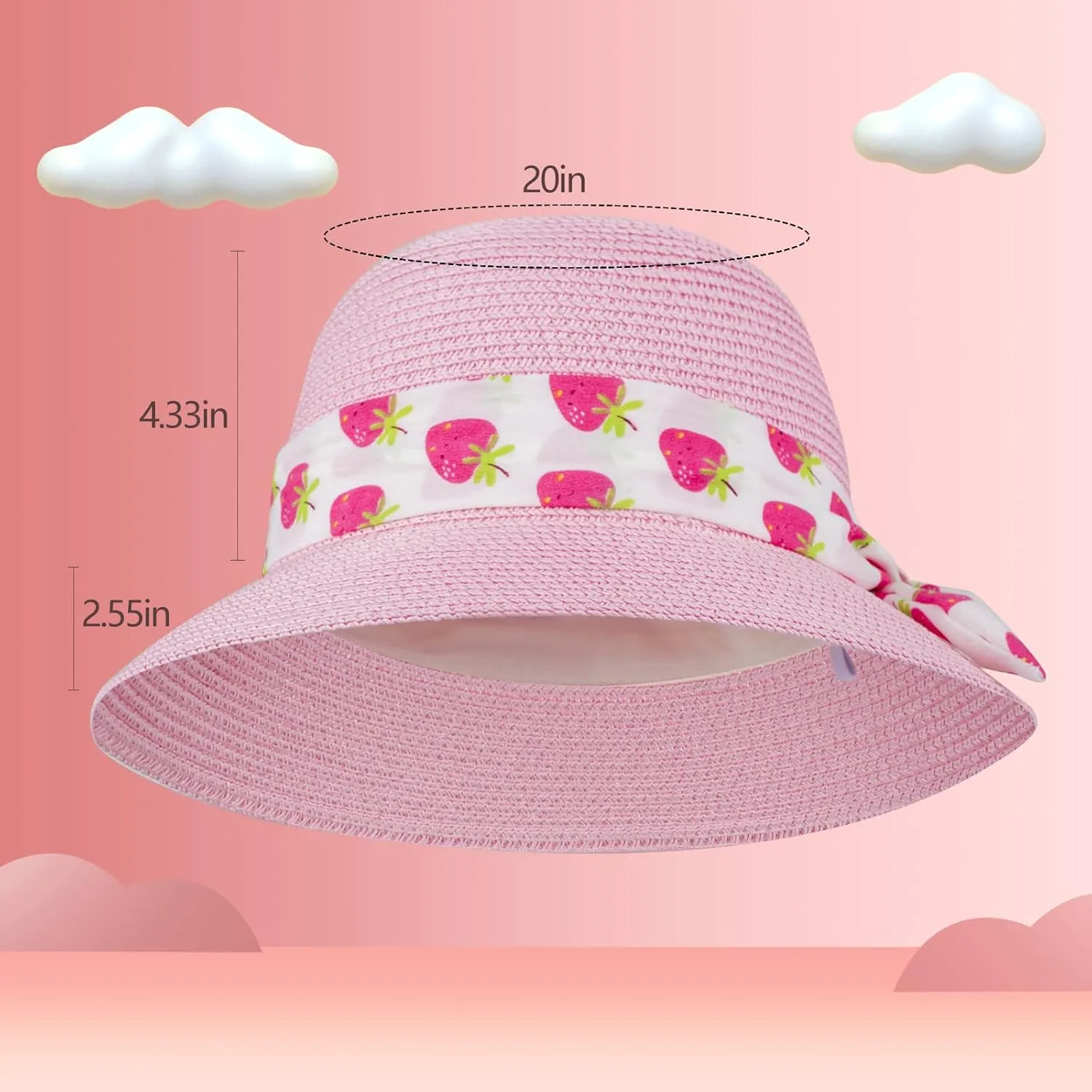 Girls Sun Straw Hat Kids Summer Beach Packable Hats Cute Floppy Cap Adjustable Size with Chin Strap for 5-10 Years