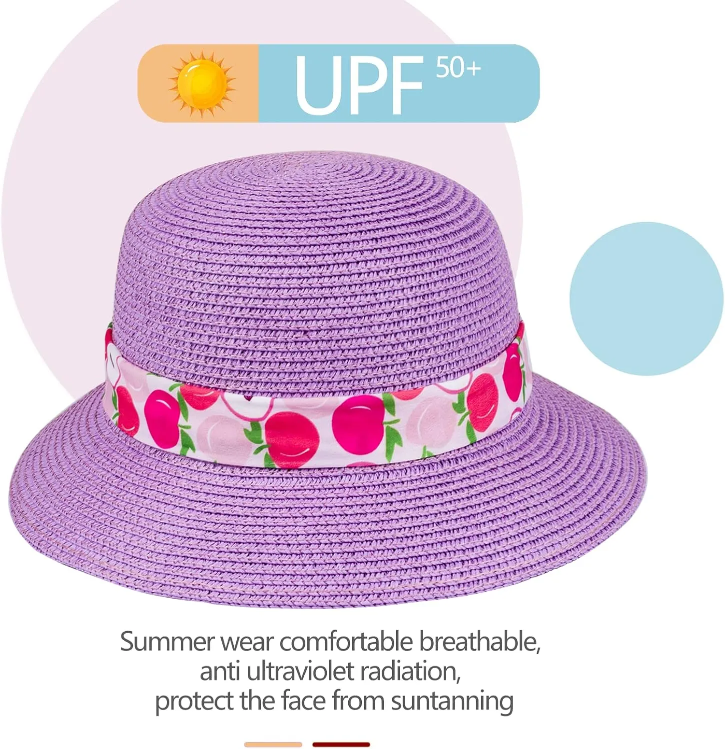 Girls Sun Straw Hat Kids Summer Beach Packable Hats Cute Floppy Cap Adjustable Size with Chin Strap for 5-10 Years