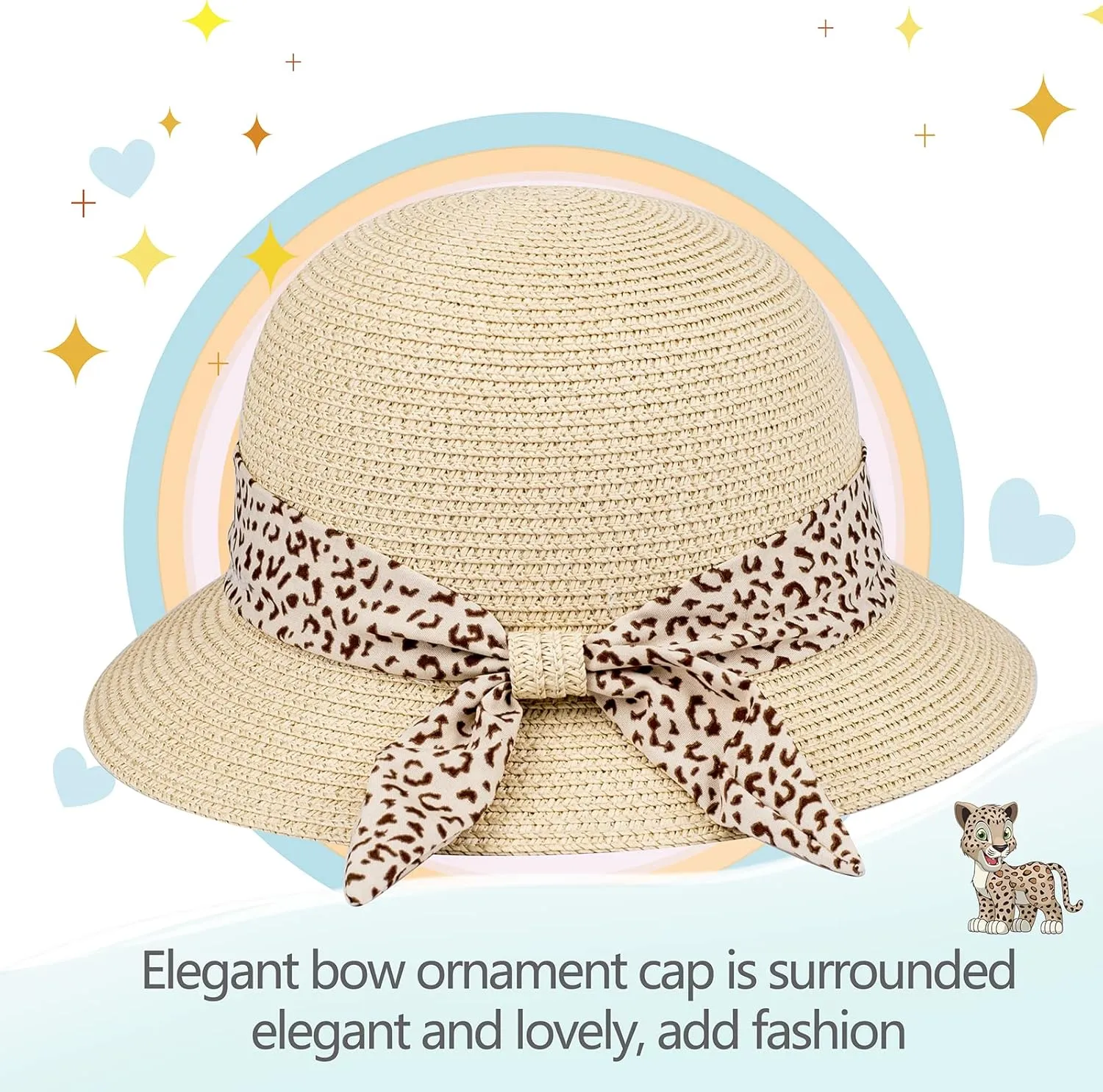 Girls Sun Straw Hat Kids Summer Beach Packable Hats Cute Floppy Cap Adjustable Size with Chin Strap for 5-10 Years