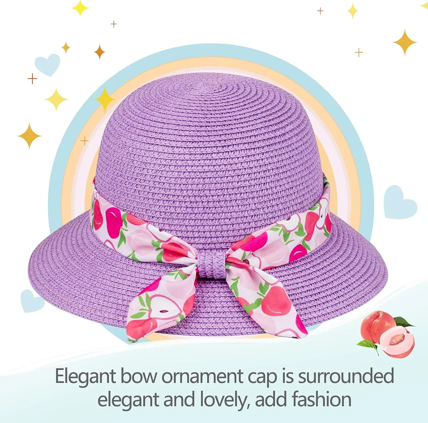Girls Sun Straw Hat Kids Summer Beach Packable Hats Cute Floppy Cap Adjustable Size with Chin Strap for 5-10 Years