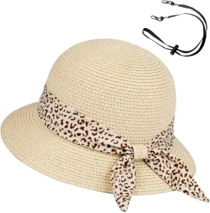 Girls Sun Straw Hat Kids Summer Beach Packable Hats Cute Floppy Cap Adjustable Size with Chin Strap for 5-10 Years