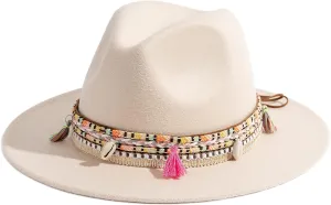 Gossifan Women's Felt Fedora Hat Wide Brim Panama Hats with Tassel
