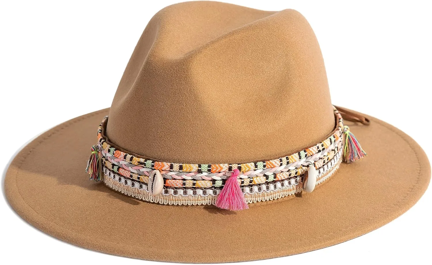 Gossifan Women's Felt Fedora Hat Wide Brim Panama Hats with Tassel