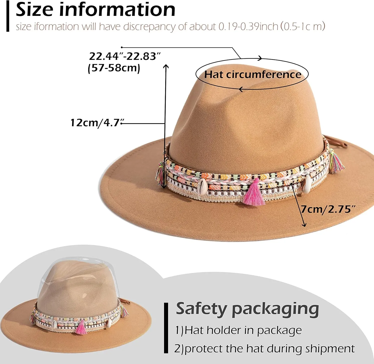 Gossifan Women's Felt Fedora Hat Wide Brim Panama Hats with Tassel