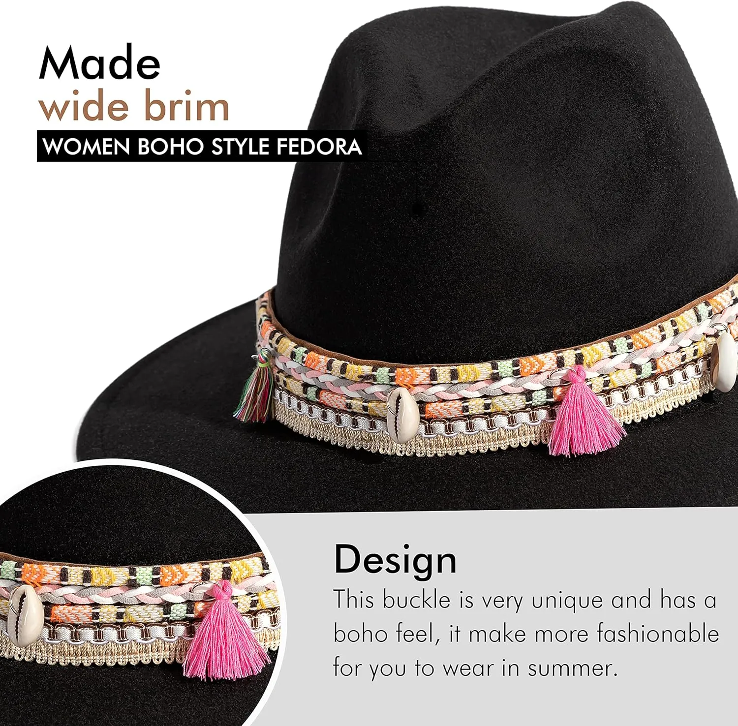 Gossifan Women's Felt Fedora Hat Wide Brim Panama Hats with Tassel