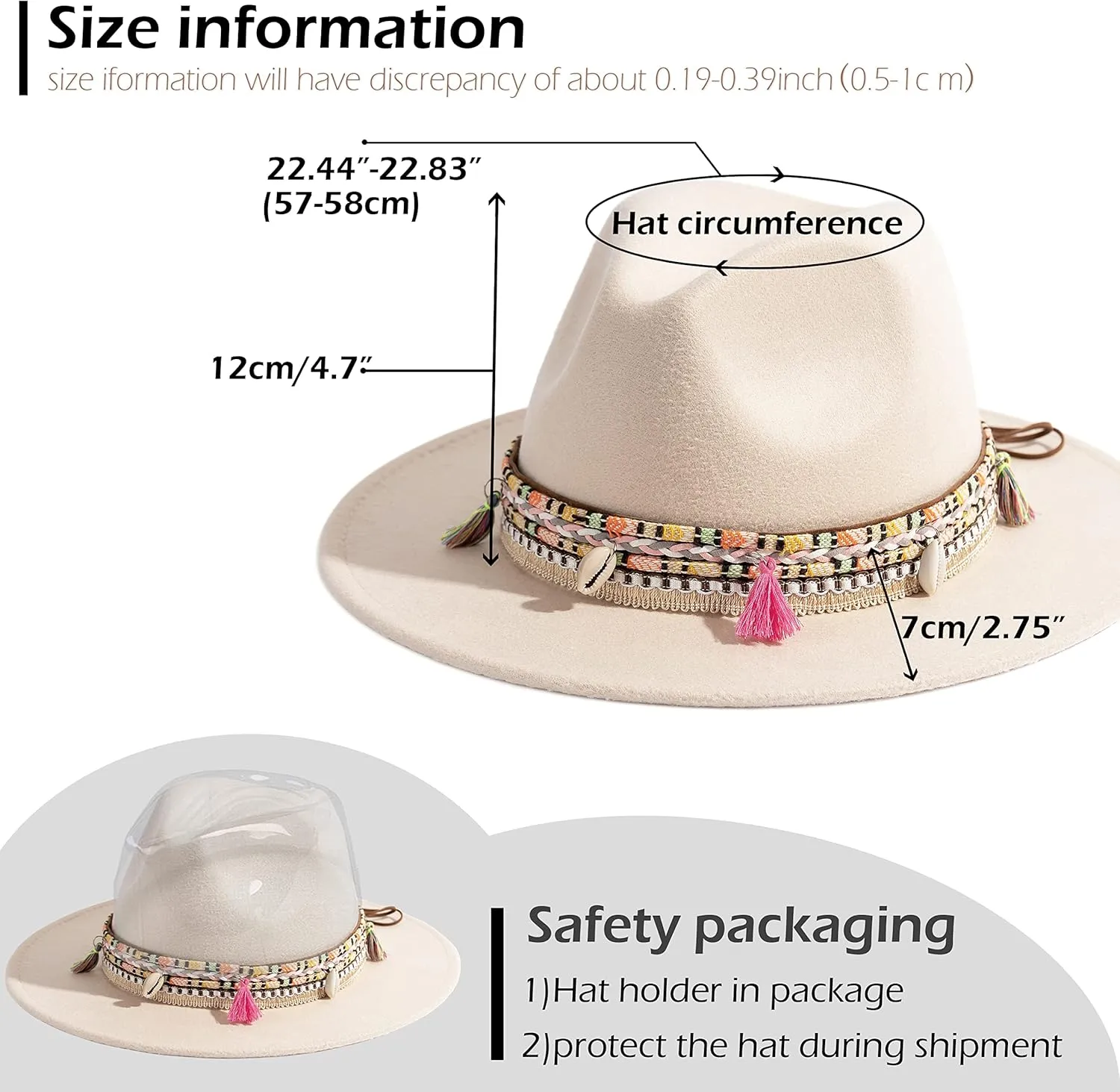 Gossifan Women's Felt Fedora Hat Wide Brim Panama Hats with Tassel