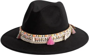 Gossifan Women's Felt Fedora Hat Wide Brim Panama Hats with Tassel