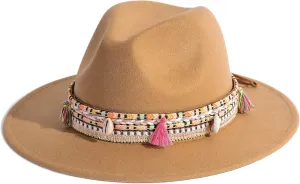 Gossifan Women's Felt Fedora Hat Wide Brim Panama Hats with Tassel