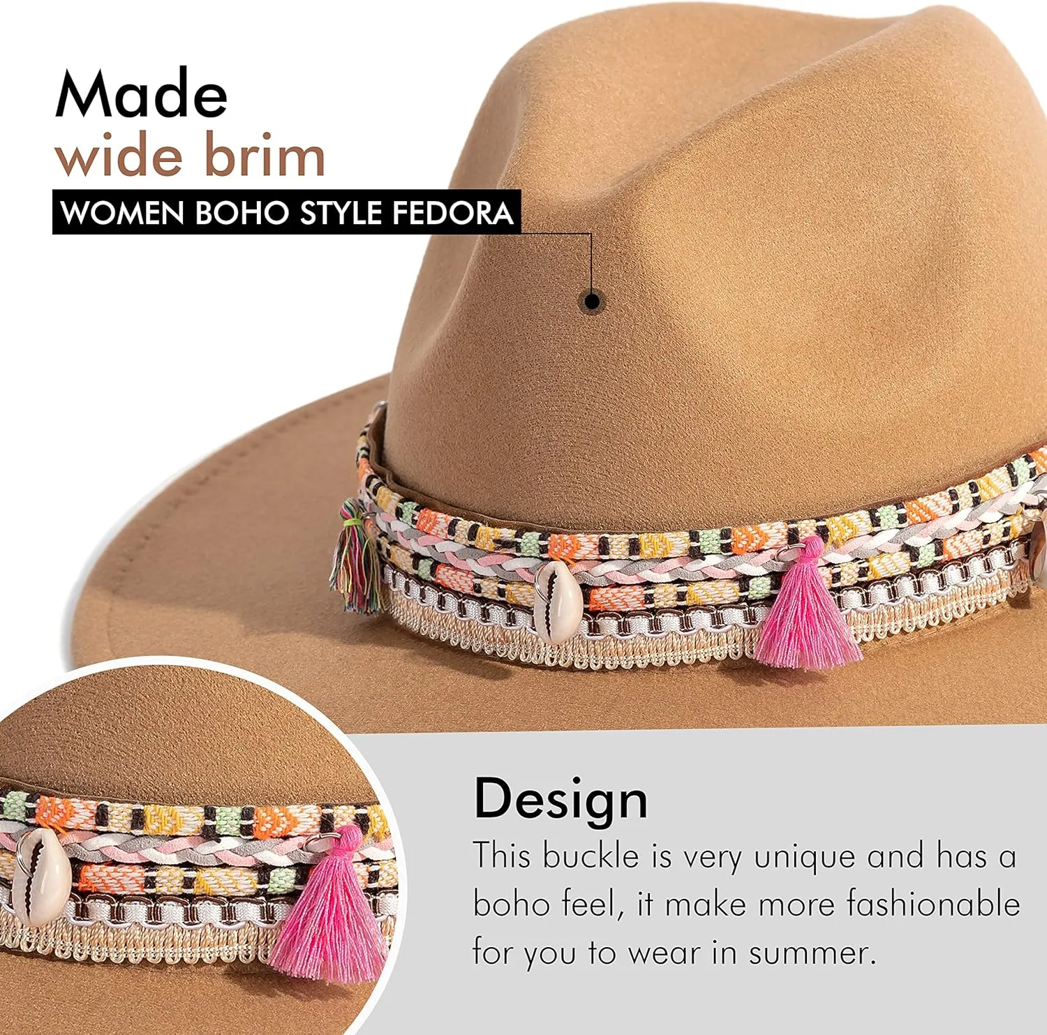 Gossifan Women's Felt Fedora Hat Wide Brim Panama Hats with Tassel