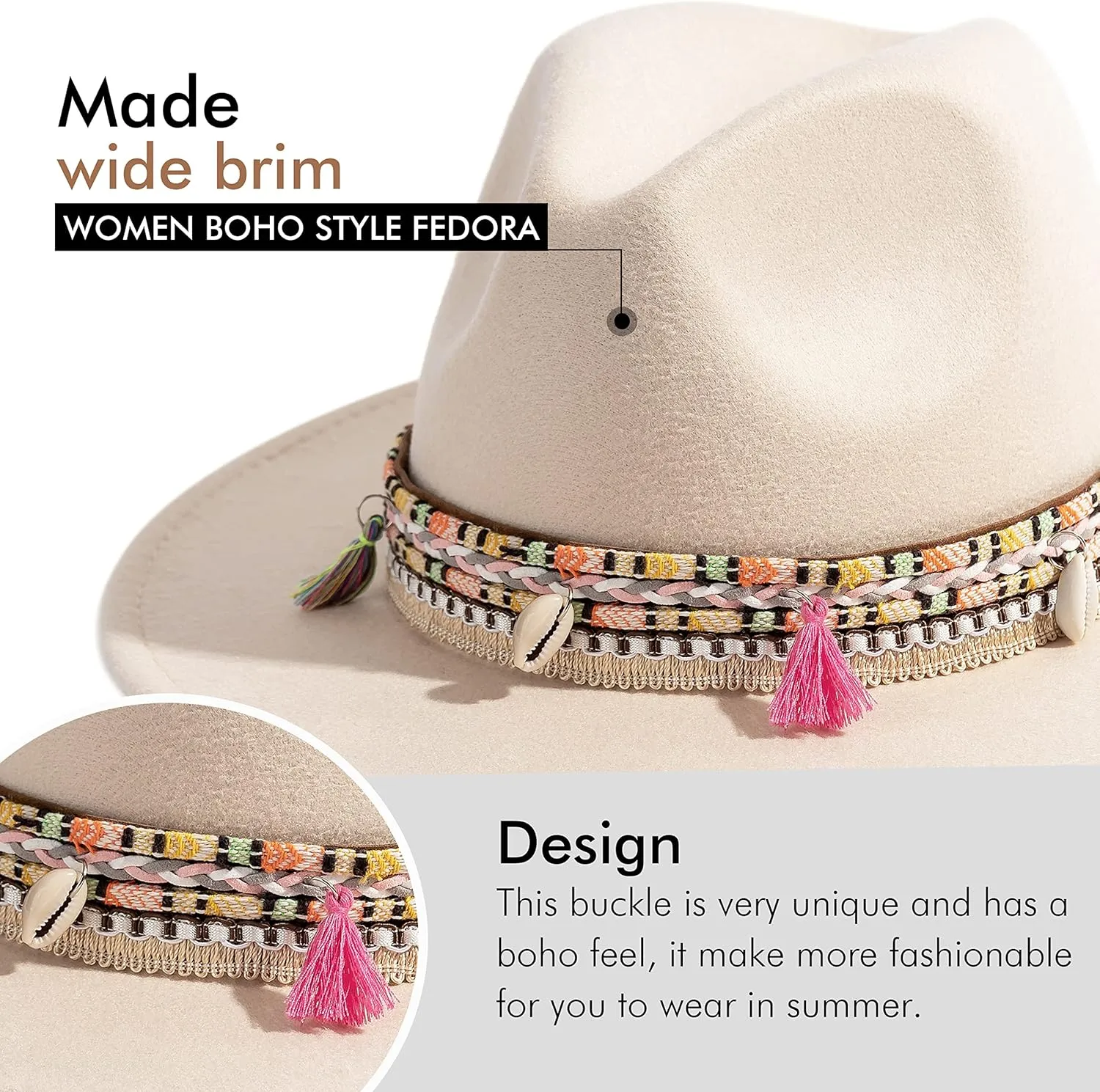 Gossifan Women's Felt Fedora Hat Wide Brim Panama Hats with Tassel