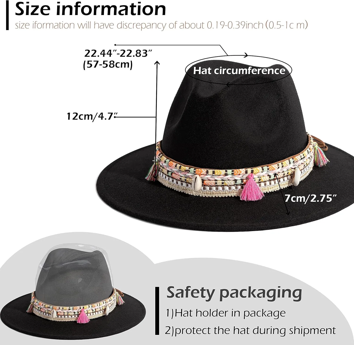 Gossifan Women's Felt Fedora Hat Wide Brim Panama Hats with Tassel