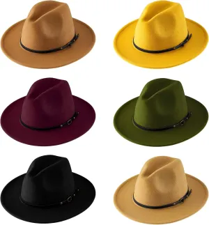 Hercicy 6 Pcs Felt Hats for Women Wide Brim Panama Hat with Belt Buckle Vintage Decoration