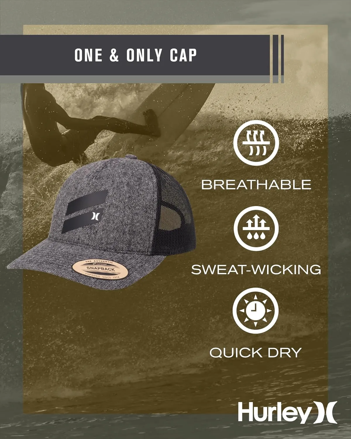 Hurley Men's Trucker Hat - Lightweight Breathable Poly Mesh Back Curved Bill Baseball Cap with Adjustable Snap Closure