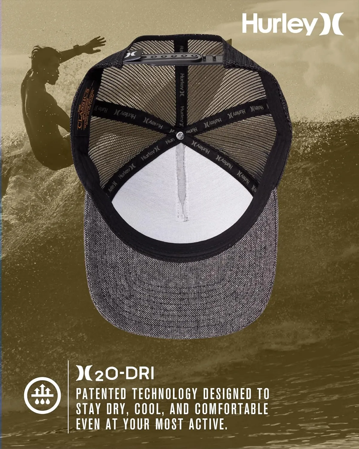Hurley Men's Trucker Hat - Lightweight Breathable Poly Mesh Back Curved Bill Baseball Cap with Adjustable Snap Closure