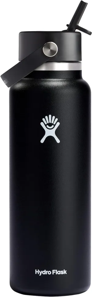Hydro Flask Water Bottle - Insulated Stainless Steel - Wide Straw Lid, Non Spill, Leakproof in 40 Oz Black