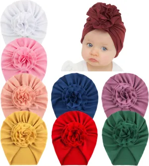 inSowni 8 Pack Solid Nursery Hospital Turban Hat Cap Beanie Bonnet with Flower for Baby Girls Toddlers Newborns Infants