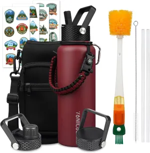 Insulated Water Bottle 40oz,Triple Wall Vacuum Stainless Steel(Dishwasher Safe),Leak Proof & Non-BPA,Flask Jug with Paracord Handle & Straw Spout Lids Sports Red